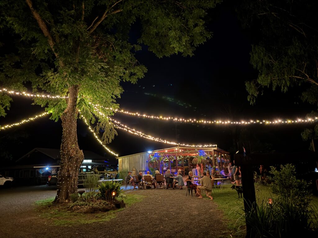 An outdoor nighttime event featuring a large tree wrapped in fairy lights that stretch toward a lit pavilion.