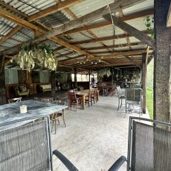 An open-air, rustic pavilion with a corrugated metal roof and exposed wooden beams